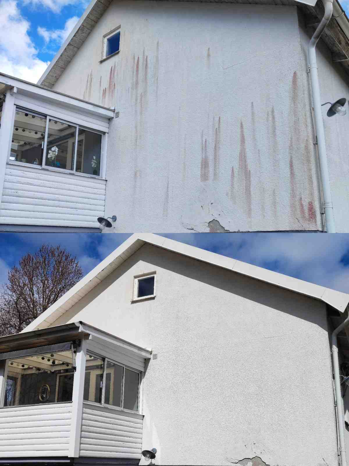 före och efter bild på byte på fasadtvätt angripen av rödalger
