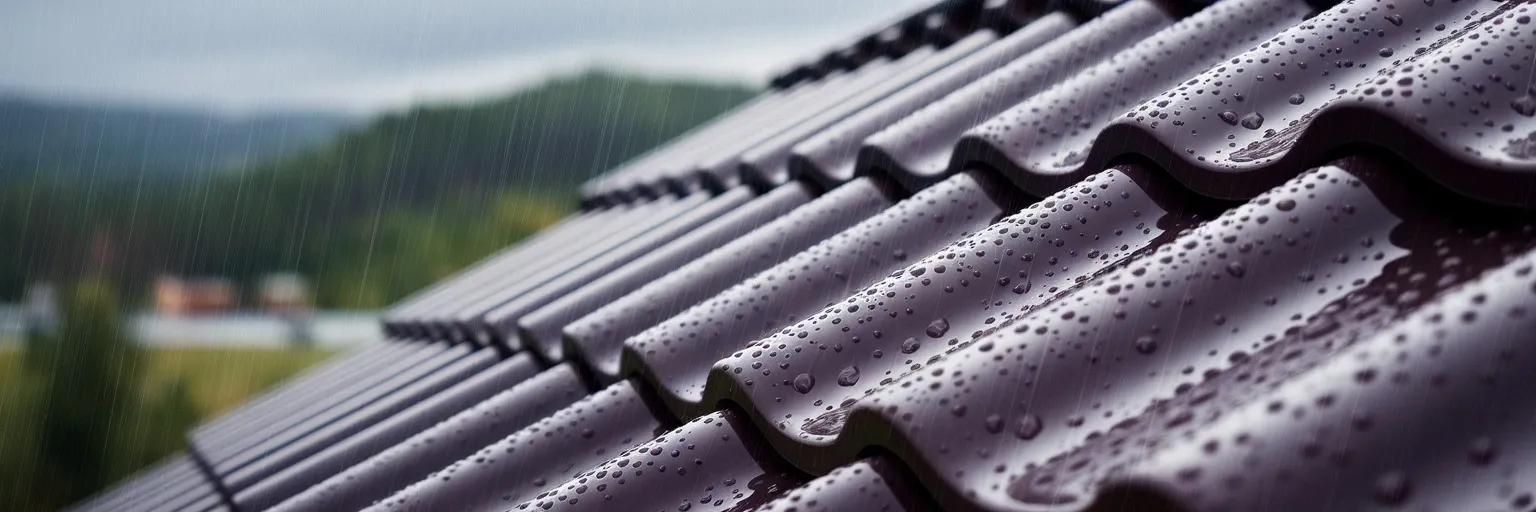Vattendroppar perlar på en skyddad takpanna